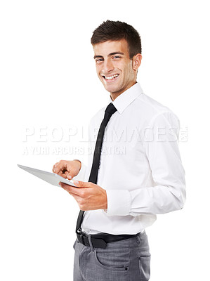 Buy stock photo Business, portrait or happy man with tablet in studio to research stock market information, update software or online trading on white background. Trader, salesman or scroll on digital app for stocks