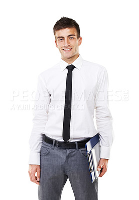 Buy stock photo Happy businessman, portrait and clipboard for accounting or documents in finance against a white studio background. Young man, accountant or employee smile with paperwork in business proposal or idea