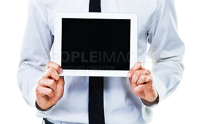 Buy stock photo Closeup, hands and showing of tablet screen in studio for social media mockup on white background. Businessman, hold and technology for announcement, deal or offer on website, homepage or internet