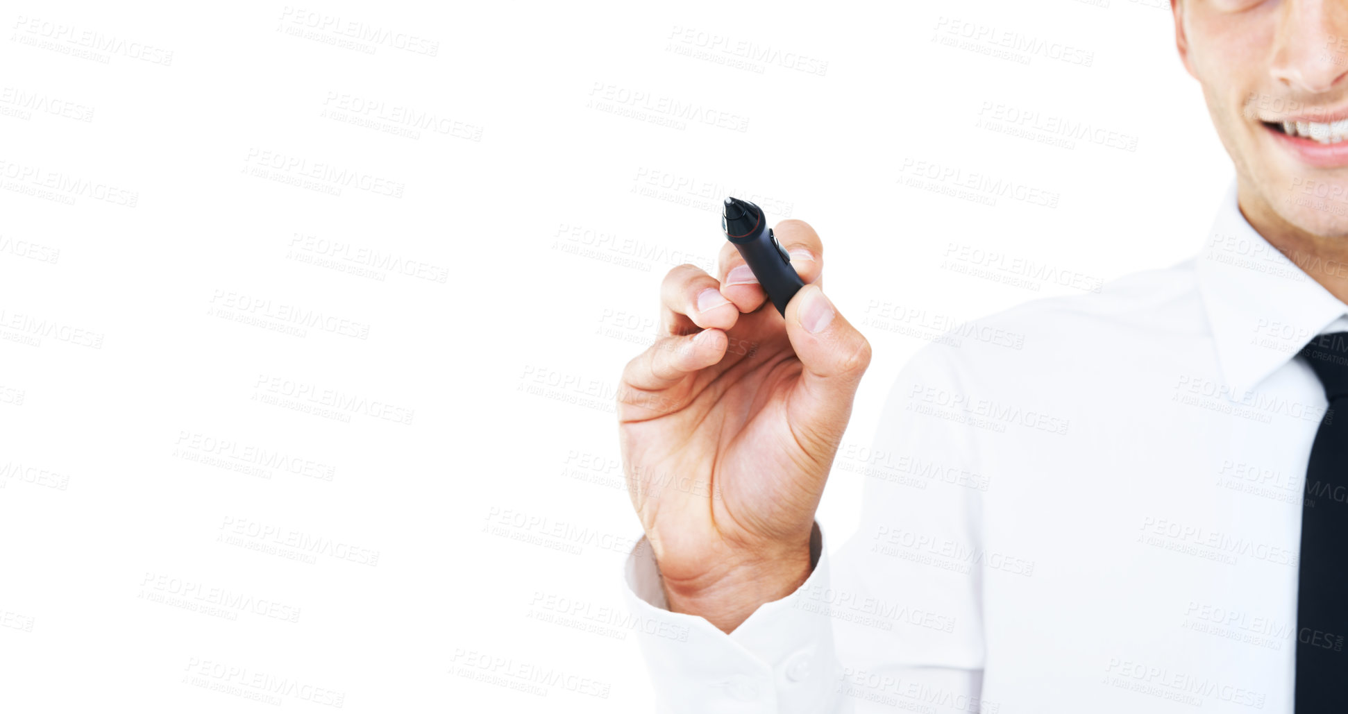 Buy stock photo Pen, marker and hand of man writing in white background, studio and invisible whiteboard. Businessman, planning and notes for strategy, problem solving and working with ideas inspiration in backdrop