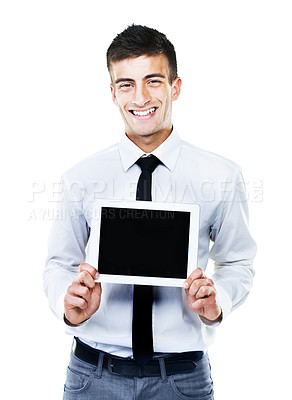 Buy stock photo Portrait, man and holding of tablet screen in studio on white background for social media mockup. Businessman, startup or happy for announcement, deal or offer on app, website or homepage by internet