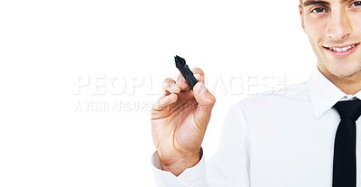 Buy stock photo Pen, marker and portrait of man writing in studio background, whiteboard or invisible glass. Businessman, hand and planning notes for strategy, problem solving or working with inspiration in backdrop