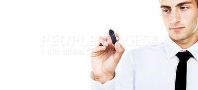 Buy stock photo Pen, ideas and hand of man writing in white background, studio and invisible whiteboard. Businessman, planning and notes for strategy, problem solving and working with inspiration in backdrop