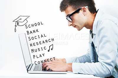 Buy stock photo Serious student, man typing on laptop at desk and words, research or internet. Person on computer at table, reading email online and text for geek learning in glasses isolated on a white background
