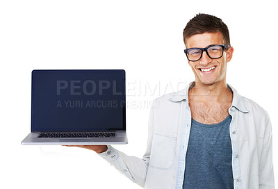 Buy stock photo Man, smile and laptop for presentation in studio product placement, mockup and white background. Portrait, person and gesture for deal, announcement or offer with technology, support or help desk