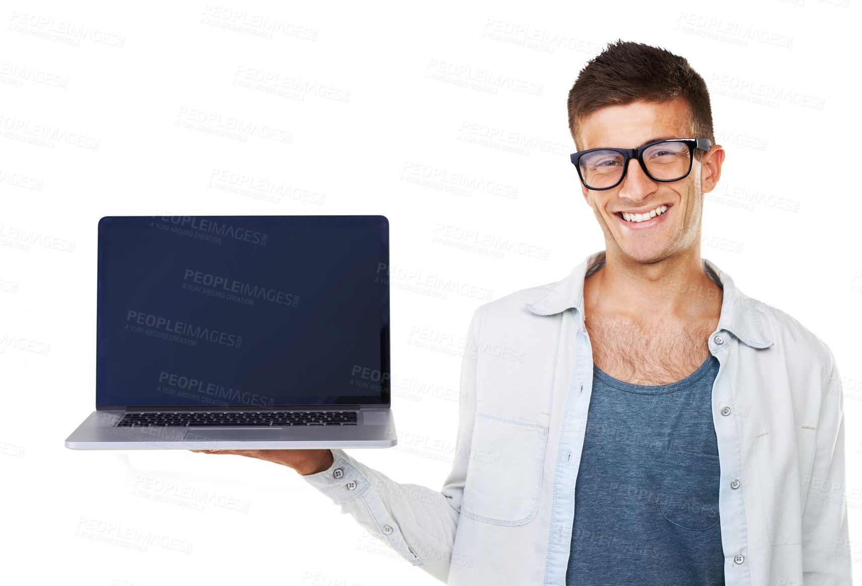 Buy stock photo Man, smile and laptop for presentation in studio product placement, mockup and white background. Portrait, person and gesture for deal, announcement or offer with technology, support or help desk