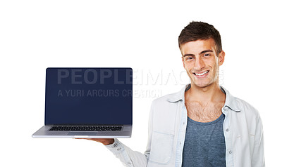 Buy stock photo Happy man, smile and laptop screen for presentation in studio for mockup of offer on white background. Portrait, person or model for product placement, announcement or alert for advertising in space