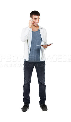 Buy stock photo Happy, man and multitask with tablet and phone call in studio, white background or mockup space. Contact, businessman and communication online with website, mobile app or email client a report