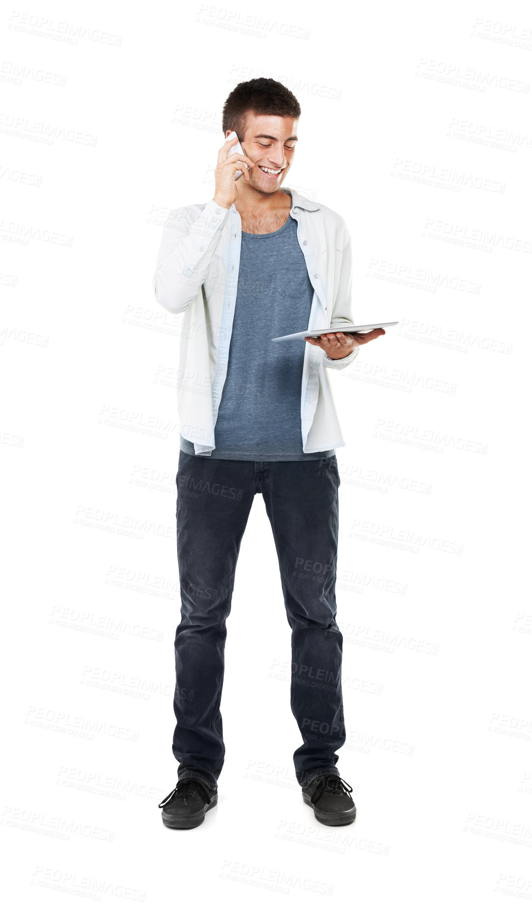 Buy stock photo Happy, man and multitask with tablet and phone call in studio, white background or mockup space. Contact, businessman and communication online with website, mobile app or email client a report