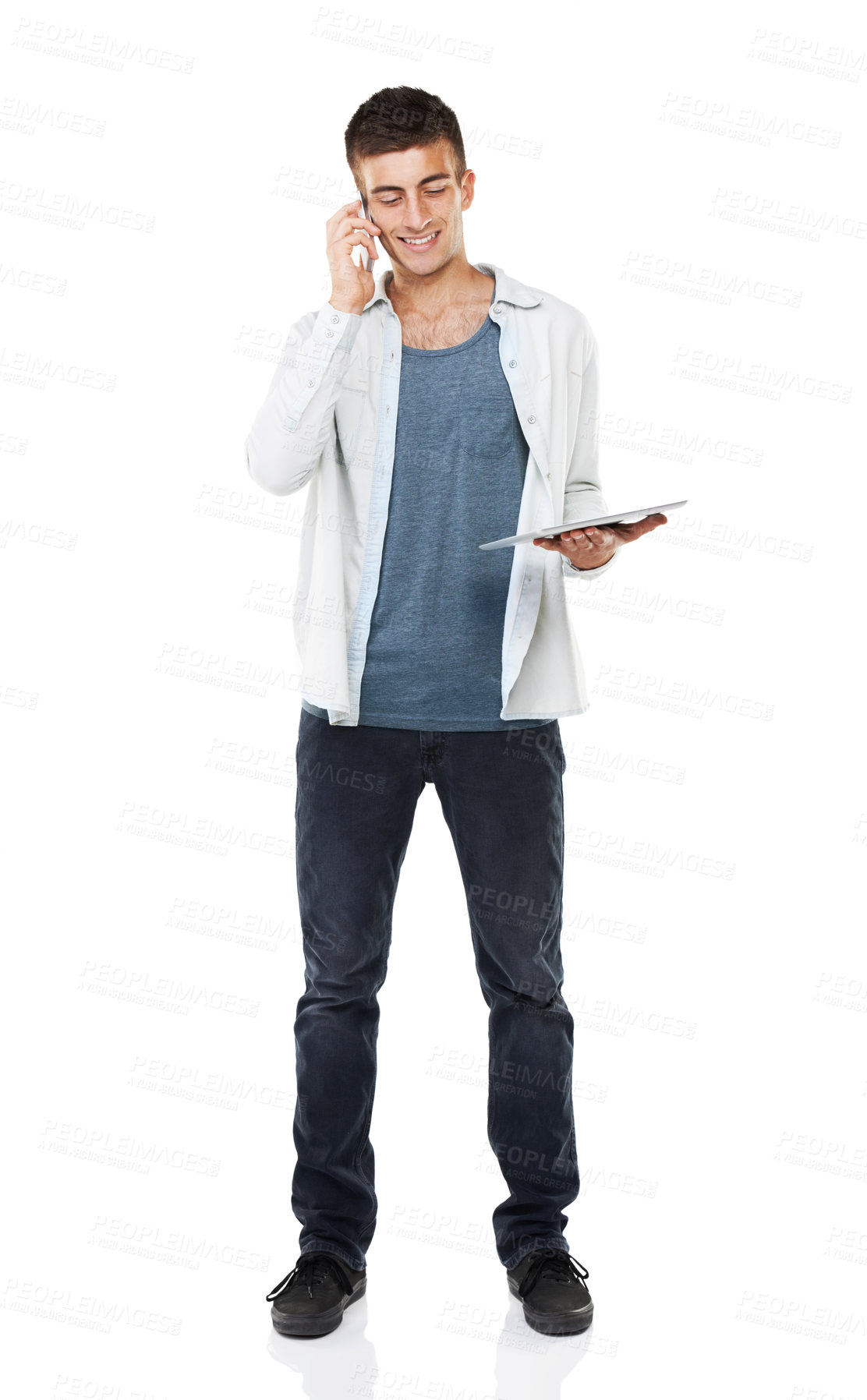 Buy stock photo Happy, man and multitask with tablet and phone call in studio, white background or mockup space. Contact, businessman and communication online or with website, mobile app or email client a report