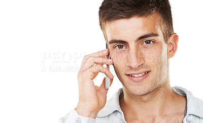 Buy stock photo Man, portrait and phone call with space in studio for contact, networking and conversation on white background. Face of model with smartphone for mobile communication, chat and discussion at mockup 