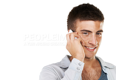 Buy stock photo Portrait, man and phone call with space in studio for contact, networking and conversation on white background. Happy model with smartphone for mobile communication, chat and connection at mockup 