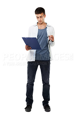 Buy stock photo It, technician and man reading a report, document or checklist for technical support error or glitch. Geek, face and clipboard for services, note or form in studio with glasses on white background
