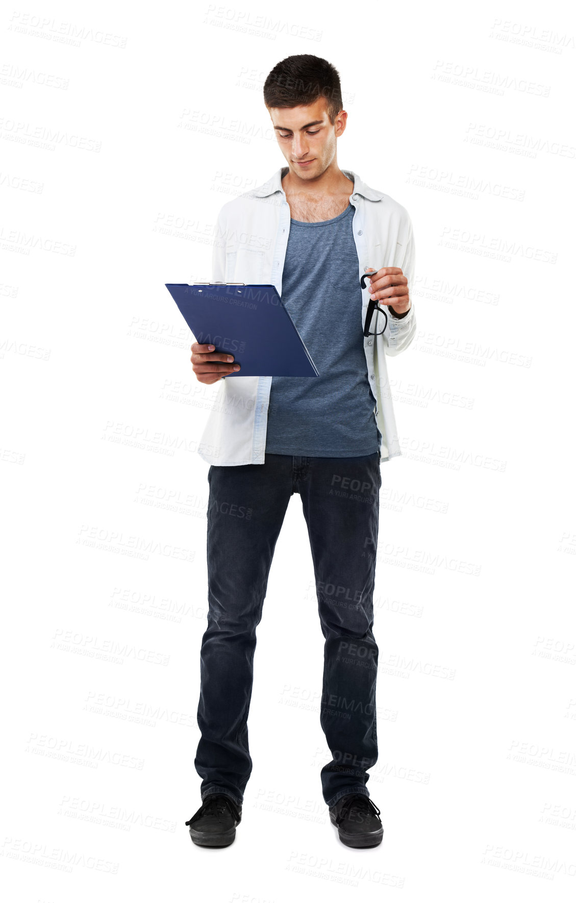 Buy stock photo It, technician and man reading a report, document or checklist for technical support error or glitch. Geek, face and clipboard for services, note or form in studio with glasses on white background