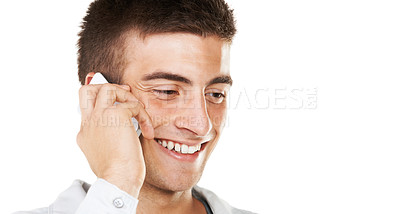 Buy stock photo Face, man and phone call with space in studio for contact, networking or conversation on white background. Happy model with smartphone for mobile communication, chat or talking for feedback at mockup