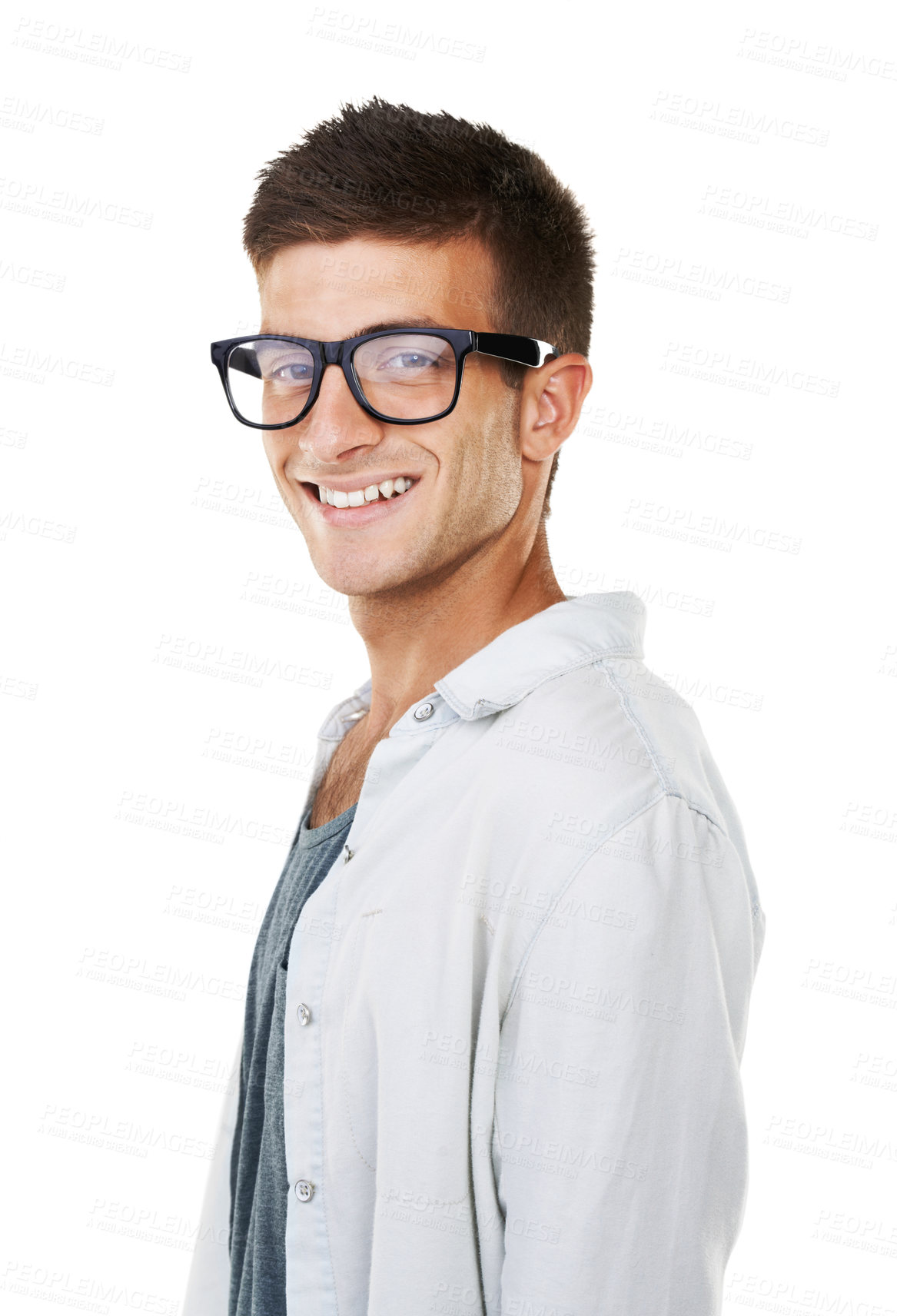 Buy stock photo Portrait, happy man and glasses with smile in studio for eye care mock up on white background. Male model, student and excited for correction of glaucoma, pupil or vision with new, frame and lens