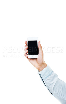 Buy stock photo Person, hand and phone screen for social media in studio with mock up on white background. Male model, corporate and showing mobile app for insurance, offer or promotion with online contact on space