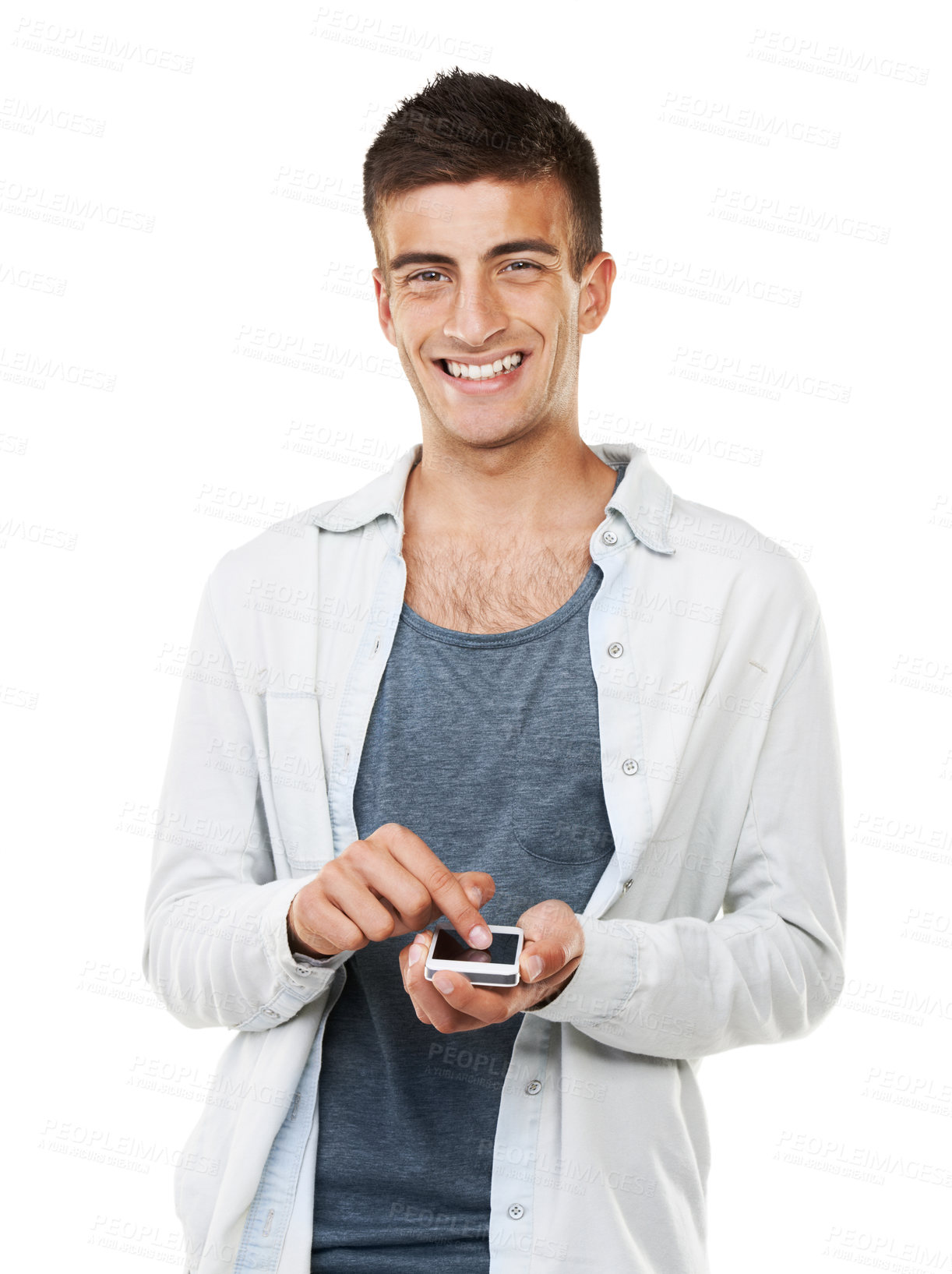 Buy stock photo Portrait, man and typing with phone in studio, scroll social media and reading notification on white background. Model, smile and download app for mobile games, search online and digital subscription