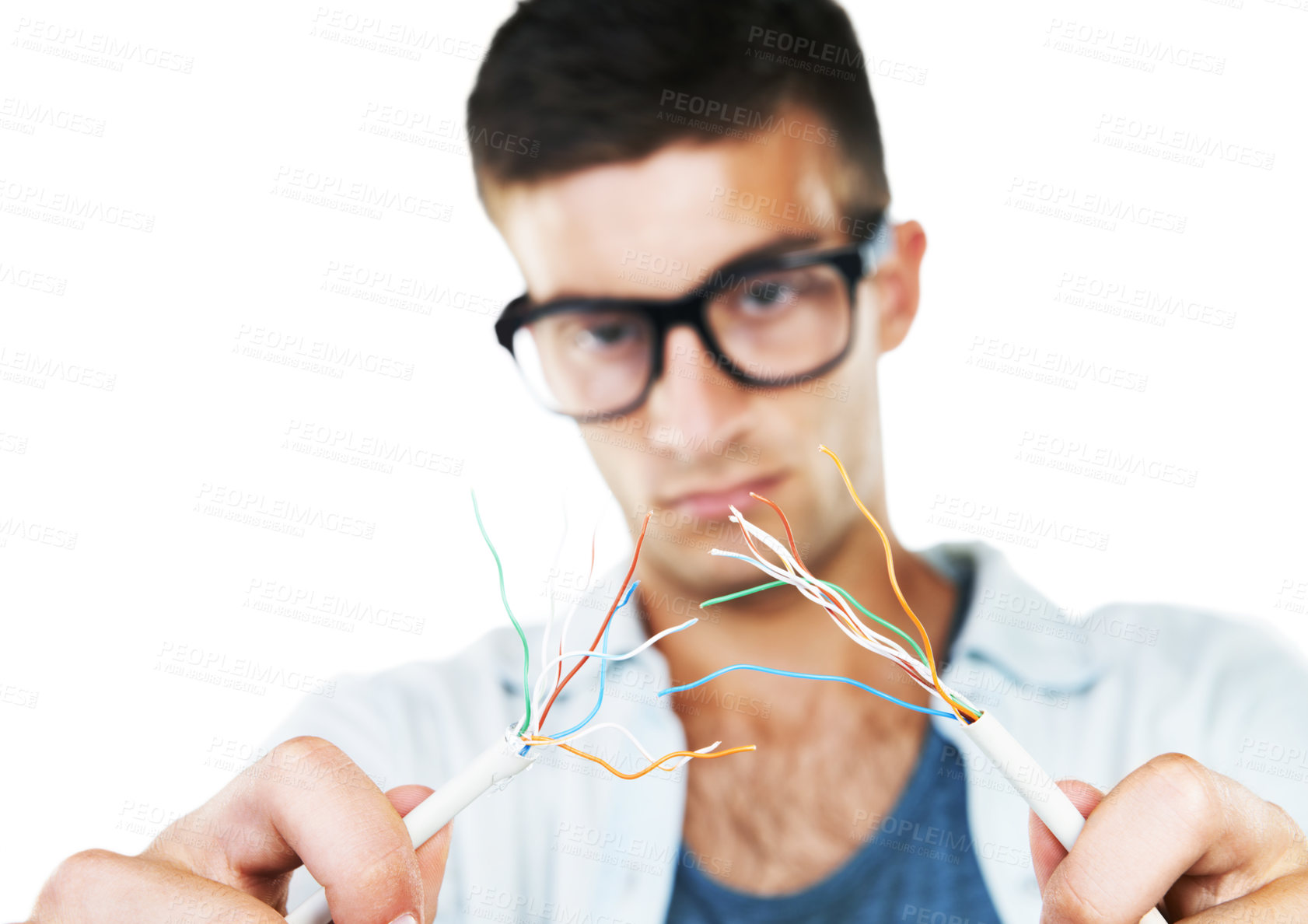 Buy stock photo Electrician, working and man with cables, test and and check for power in white background. Studio, technician or electricity, wires and maintenance of connection, technology or hardware closeup