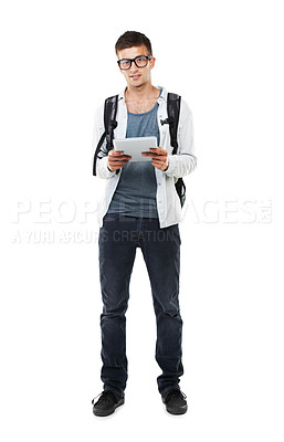Buy stock photo Man, student and tablet with backpack for education, e learning and online registration on a white background. Portrait of young person on digital technology, college research and internet in studio
