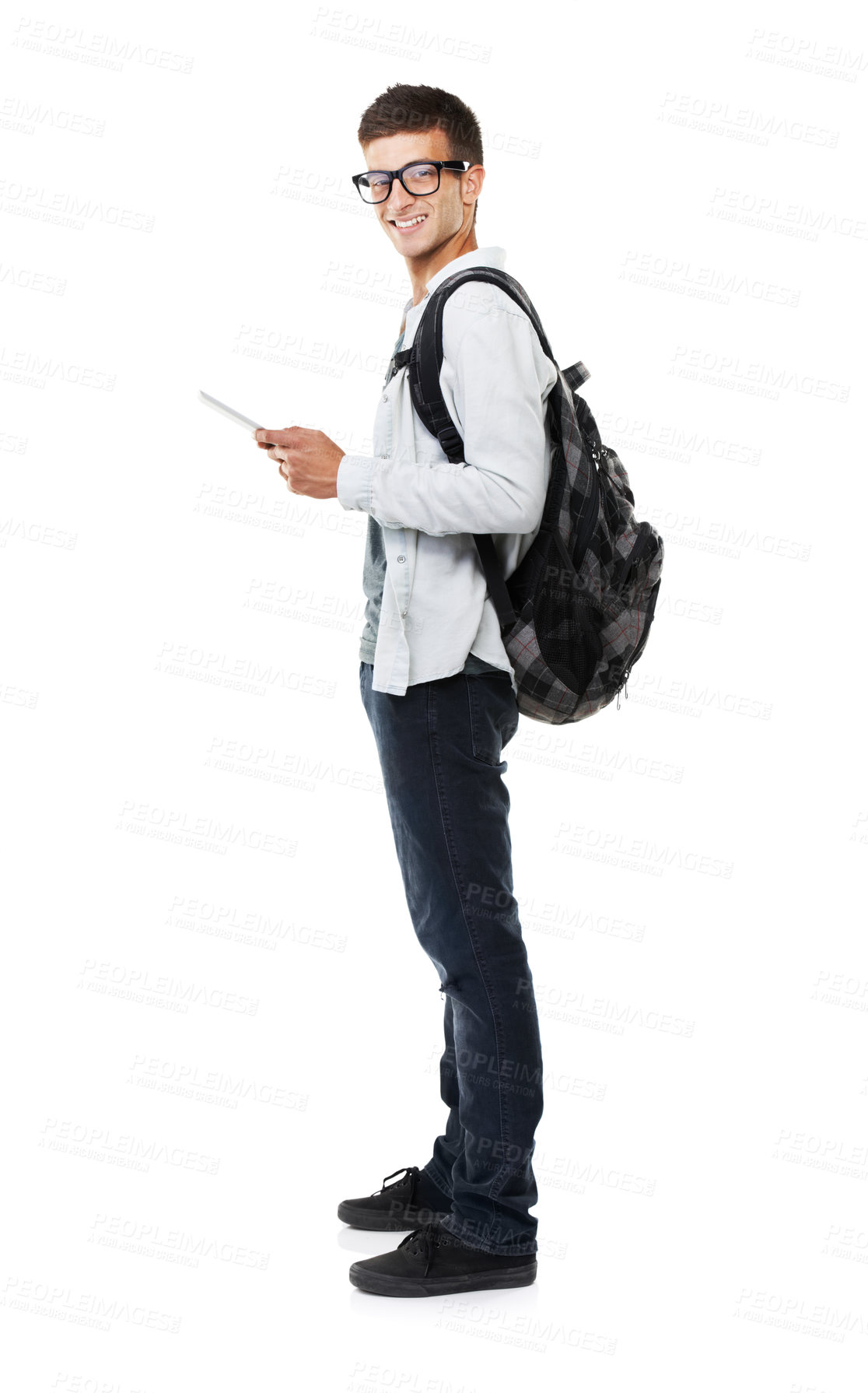 Buy stock photo Student, tablet and backpack for e learning, online education and college or university registration in studio. Portrait of young man with ebook, school research or digital tech on a white background