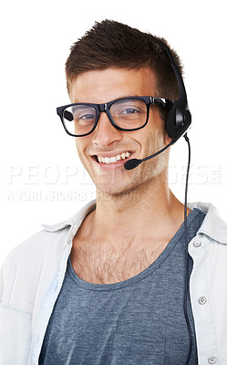 Buy stock photo Portrait, call center and business man in glasses, headphones and microphone isolated on white background. Sales agent, telemarketing and happy consultant in customer service, crm or support in Spain