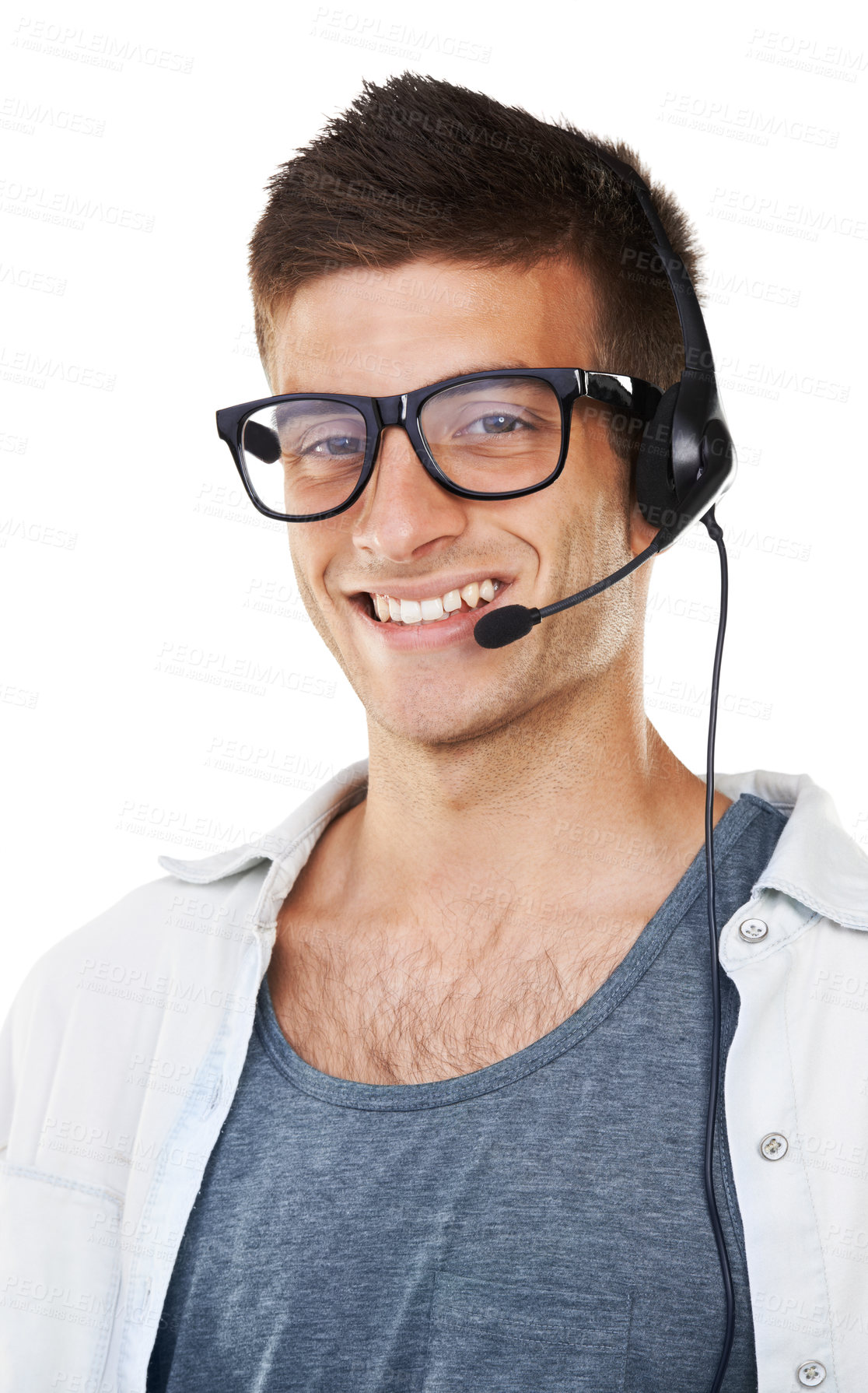 Buy stock photo Portrait, call center and business man in glasses, headphones and microphone isolated on white background. Sales agent, telemarketing and happy consultant in customer service, crm or support in Spain