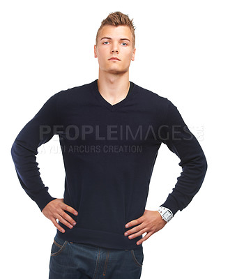 Buy stock photo Man, fashion and casual style with portrait, serious and isolated on white studio background. Fashionable, wall or trendy with clothes, standing or hands on waist, face and young with confidence