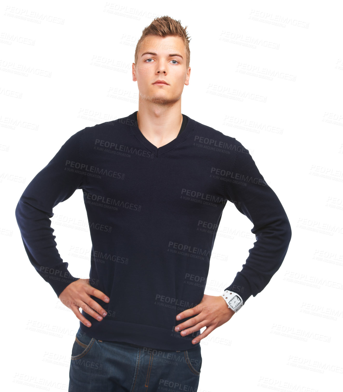 Buy stock photo Man, fashion and casual style with portrait, serious and isolated on white studio background. Fashionable, wall or trendy with clothes, standing or hands on waist, face and young with confidence