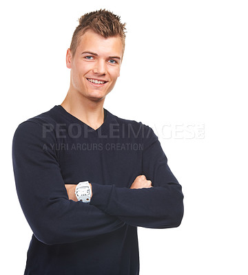 Buy stock photo Portrait, smile or fashion and a man arms crossed in studio isolated on a white background with space. Happy, style and trendy with a confident young model in a clothes outfit aesthetic appeal