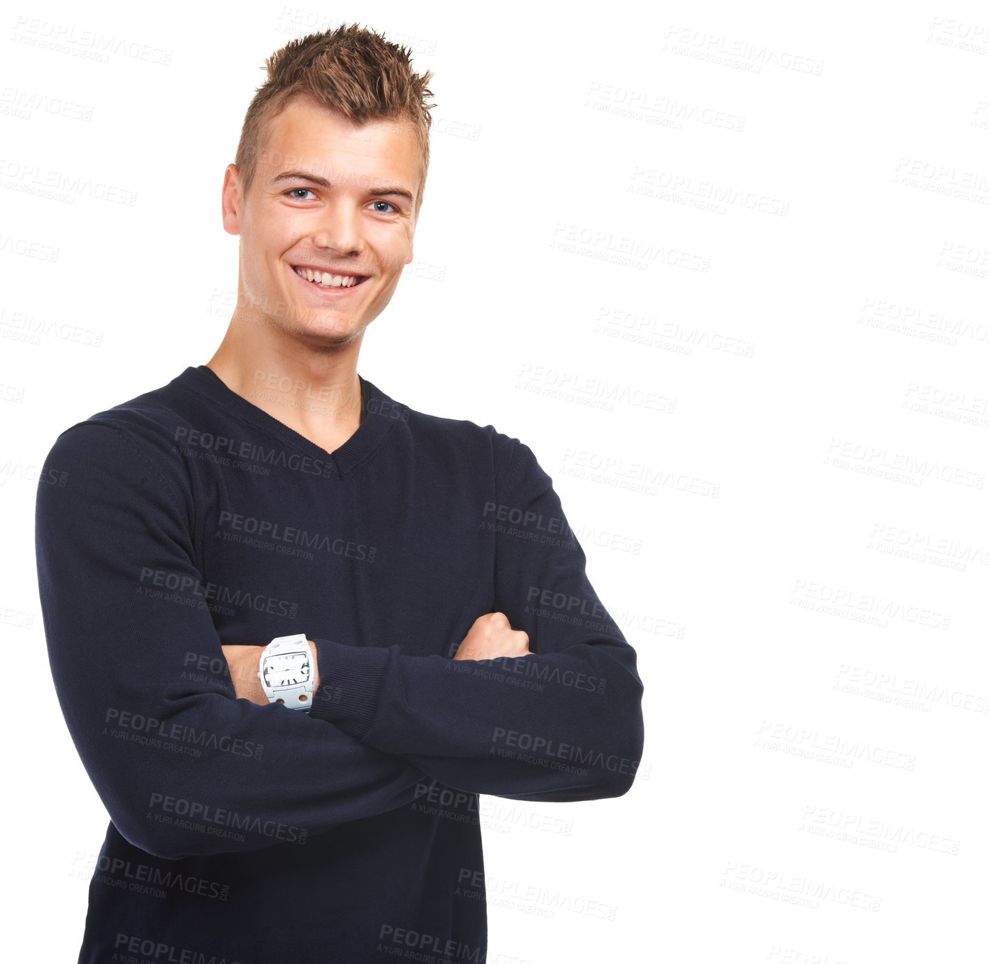 Buy stock photo Studio portrait of a smiling young guy standing with his arms folded against a white background