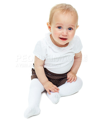Buy stock photo A beautiful little baby girl isolated against a white background