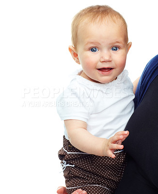 Buy stock photo Smile, portrait of kid and baby with mother in studio isolated on a white background mockup space. Face, happy child and infant, cute blonde toddler and adorable girl, family and healthy development