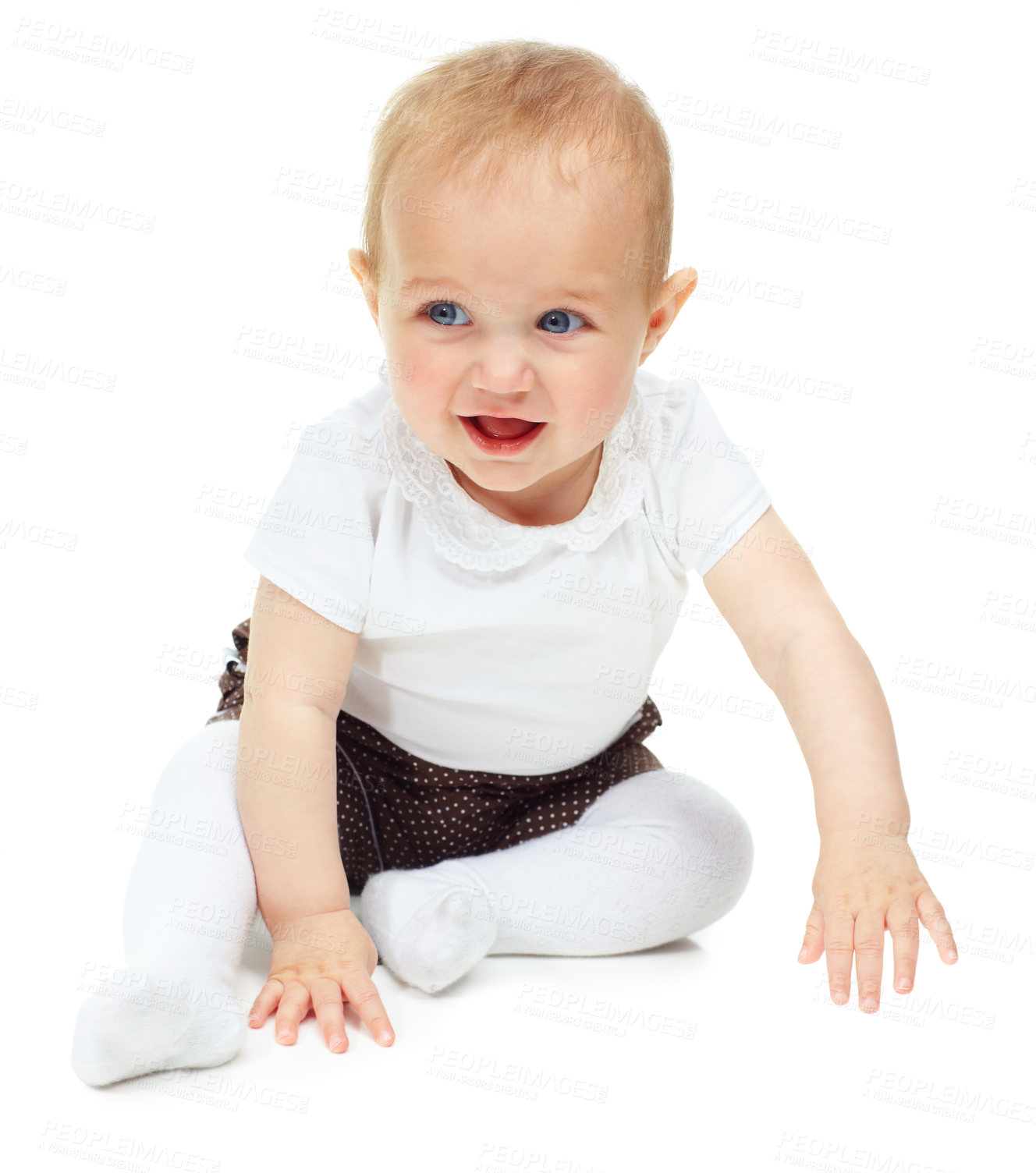 Buy stock photo Smile, young child and baby on floor in studio isolated on a white background mockup space. Happy kid, infant and cute blonde toddler or adorable girl sitting, innocent newborn or healthy development