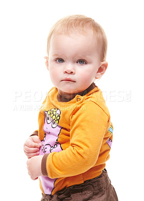 Buy stock photo Young, portrait of child and baby in studio isolated on a white background mockup space. Cute kid, infant and face of adorable blonde toddler and innocent newborn in clothes, healthy and development