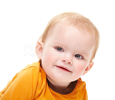 Buy stock photo Young, portrait of child and baby in studio isolated on a white background or backdrop. Cute kid, infant and face of adorable blonde toddler and innocent newborn in clothes, healthy and development