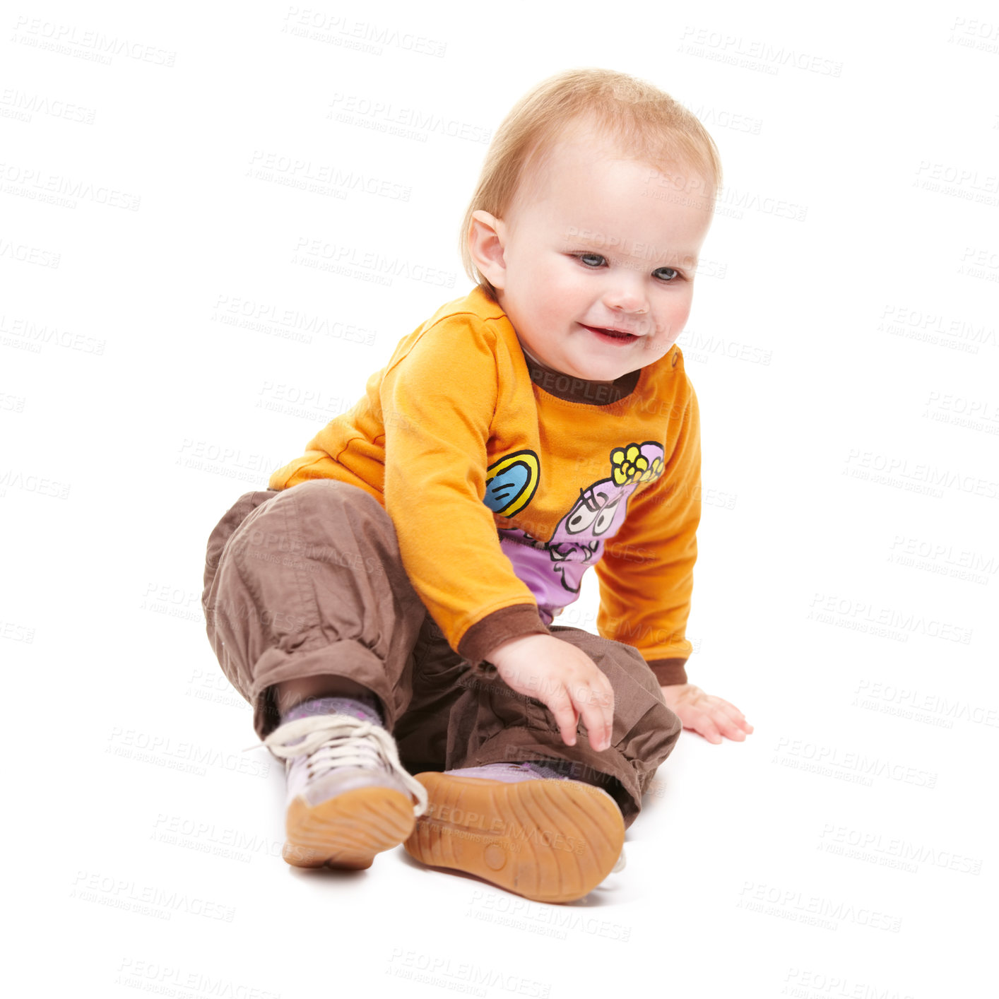 Buy stock photo Smile, young kid and baby on floor in studio isolated on a white background mockup space. Happy child, infant and cute blonde toddler or girl in clothes, sitting or adorable, innocent and development