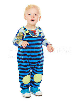 Buy stock photo Baby, boy and toddler in studio with fashion, style and grow with curiosity, happiness and excited for kindergarten. Child, smile and standing in white background in jumpsuit, outfit and clothes