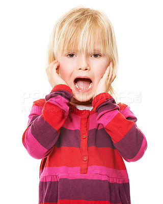 Buy stock photo Scared, child and portrait of girl with surprise, fear or shocked emoji in white background or studio. Scary, face and afraid of announcement, information or screaming in terror in mockup space