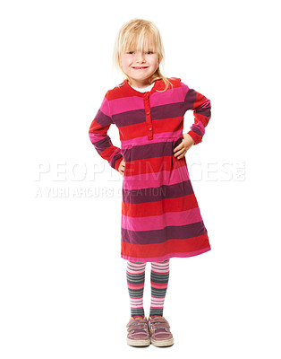 Buy stock photo Confident, girl and portrait of child with fashion, style and smile in white background of studio. Happy, face and kid with hands on hips, relax and excited for kindergarten in pink dress or outfit