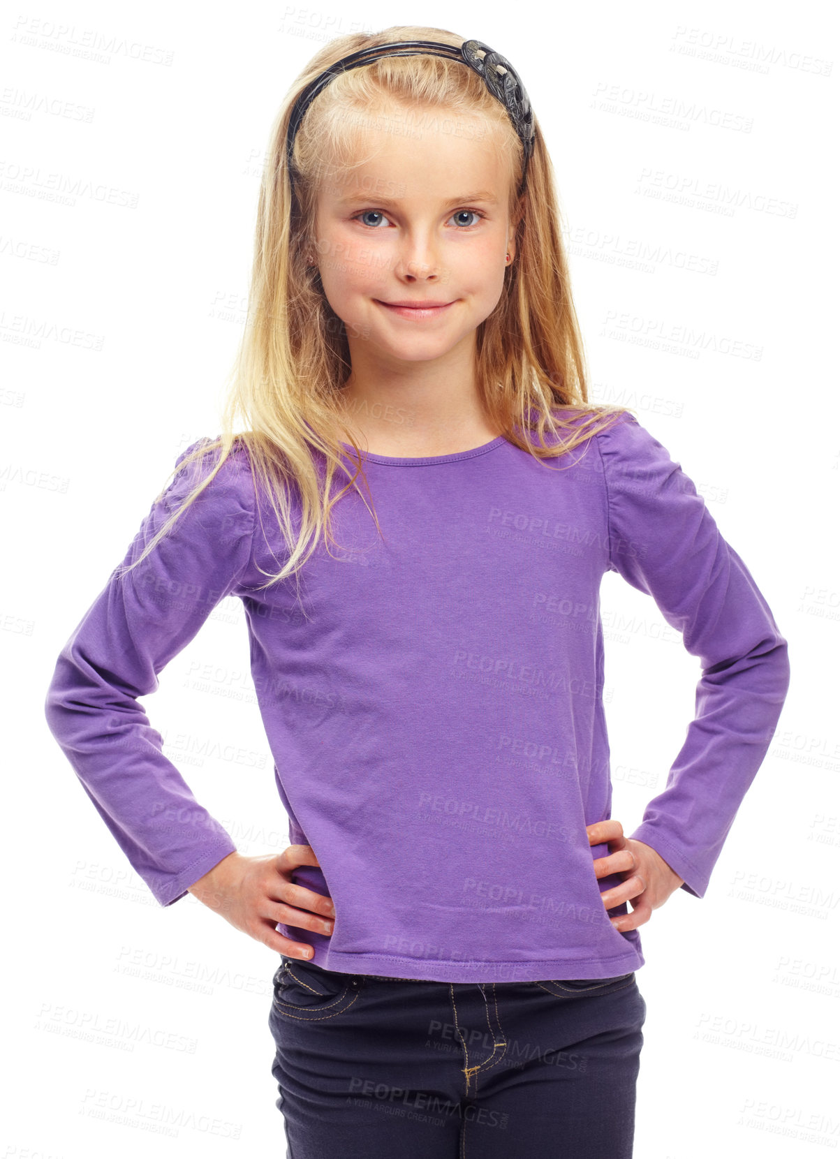 Buy stock photo Sweet little blonde girl posing confidently against a white background