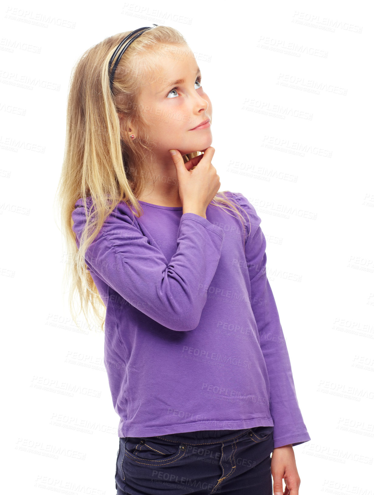Buy stock photo Thinking, mockup and girl with ideas, decision and wonder isolated against a white studio background. Young person, female child and kid with wonder, future and ponder with daydreaming and happiness