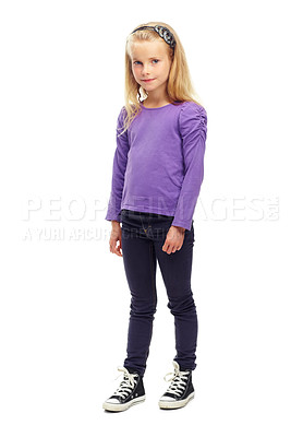 Buy stock photo Girl, child and portrait in studio or smile, confidence and pride with fashion and casual style or outfit. Person, face and kid with happiness, trendy or cheerful on white background or mock up space