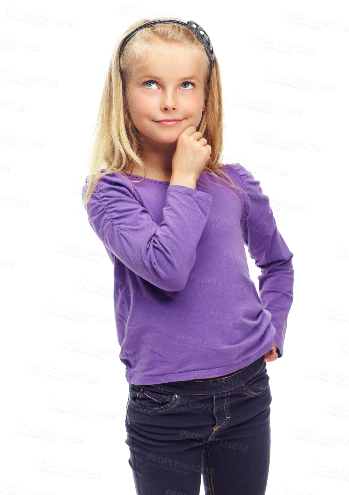 Buy stock photo Thinking, mockup and girl with ideas, fantasy and confidence isolated against a white studio background. Young person, female child and kid with thoughts, wonder and ponder with daydreaming and smile