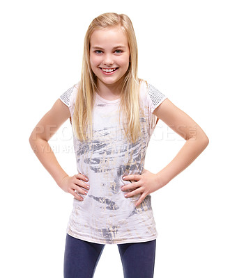 Buy stock photo Children, fashion and portrait of happy girl child in studio with trendy, cool or stylish outfit on white background. Smile, pose and face of confident female kid model with casual, style or clothes