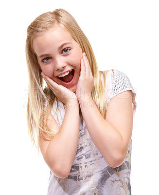 Buy stock photo Wow, surprise and hands on face of girl child in studio with promotion, deal or info on white background. Omg, emoji and portrait of excited kid with children fashion announcement, sale or giveaway