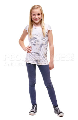 Buy stock photo Kids, fashion and portrait of happy girl child in studio with trendy, cool or stylish outfit on white background. Smile, pose and face of happy kid model with casual, style or children clothes 