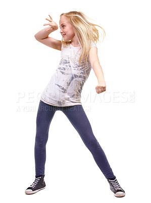 Buy stock photo Full length shot a young girl dancing against white background