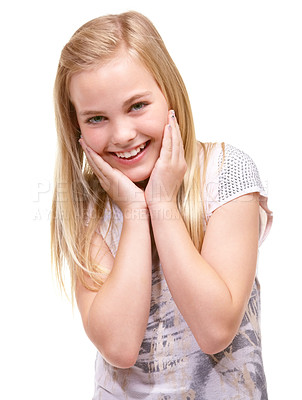 Buy stock photo Children, fashion and portrait of shy girl child in studio with trendy, cool or stylish outfit on white background. Smile, sweet and hands on face of happy kid model with casual, style or clothes