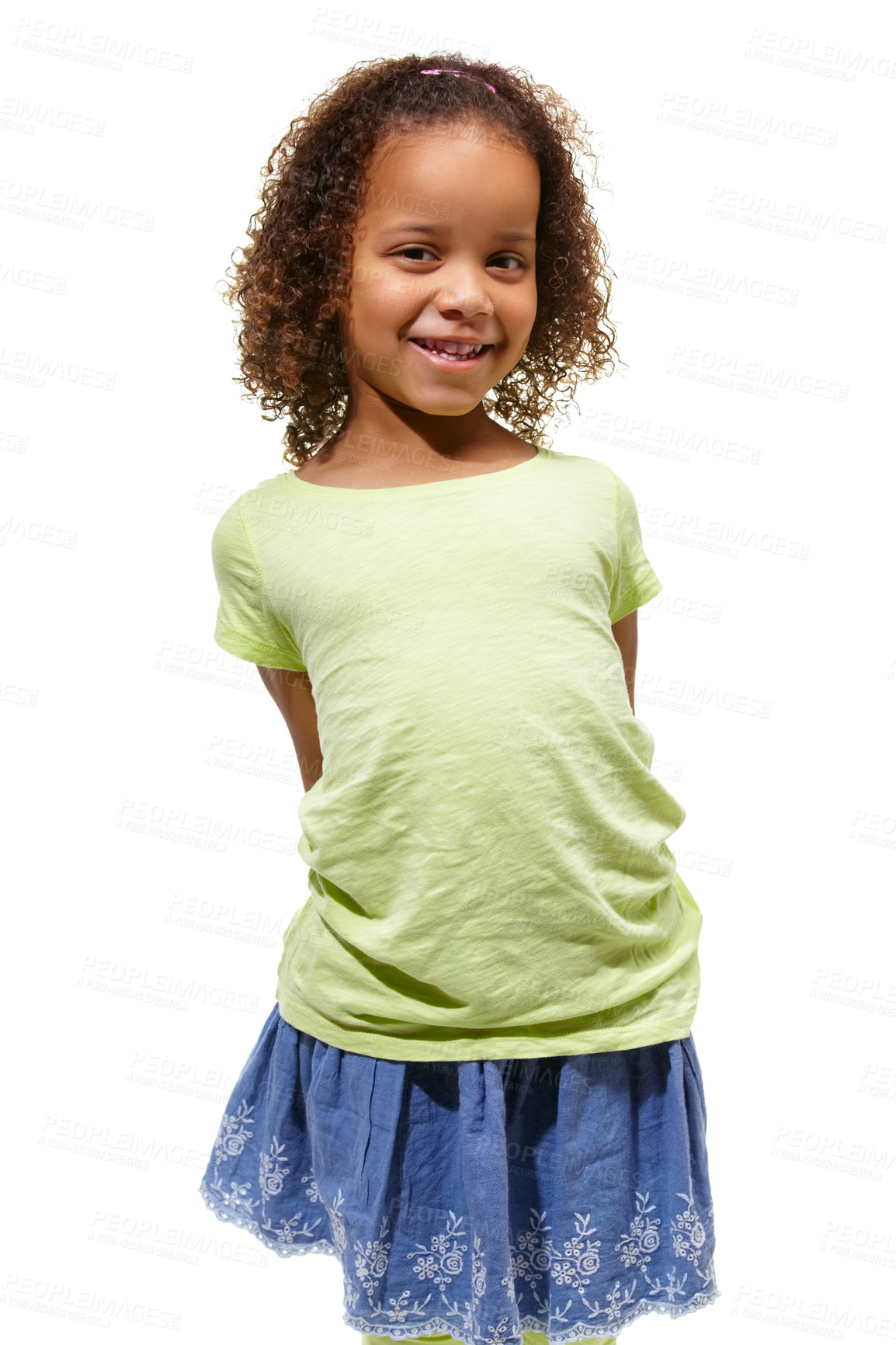 Buy stock photo Cute, African child and face of young girl in a studio with happiness and kids fashion. White background, portrait and smile of kid with youth and children style feeling confident from clothing